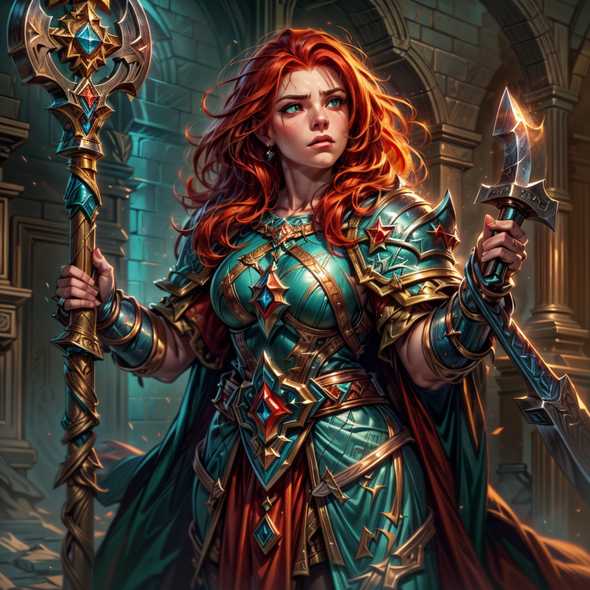 high details, best quality, 8k, [ultra detailed], masterpiece, best quality, (extremely detailed), dynamic angle, ultra wide shot, photorealistic, fantasy art, dnd art, rpg art, realistic art, an ultra wide picture of female dwarf cleric, holding axe with red fire on it , casting a spell, wearing heavy armor, white armor (best details, Masterpiece, best quality: 1.5), blue cloak (intricate details, Masterpiece, best quality), holy symbol,(best details, Masterpiece, best quality: 1.5), from symbol GlowingRunes_paleblue, beautiful female dwarf, ultra detailed face, ultra feminine, red hair, intense eyes, green eyes, D&D female dwarf (best details, Masterpiece, best quality: 1.5) fantasy temple background, celestial background, ((divine worship atmosphere)), high details, best quality, highres, ultra wide angle