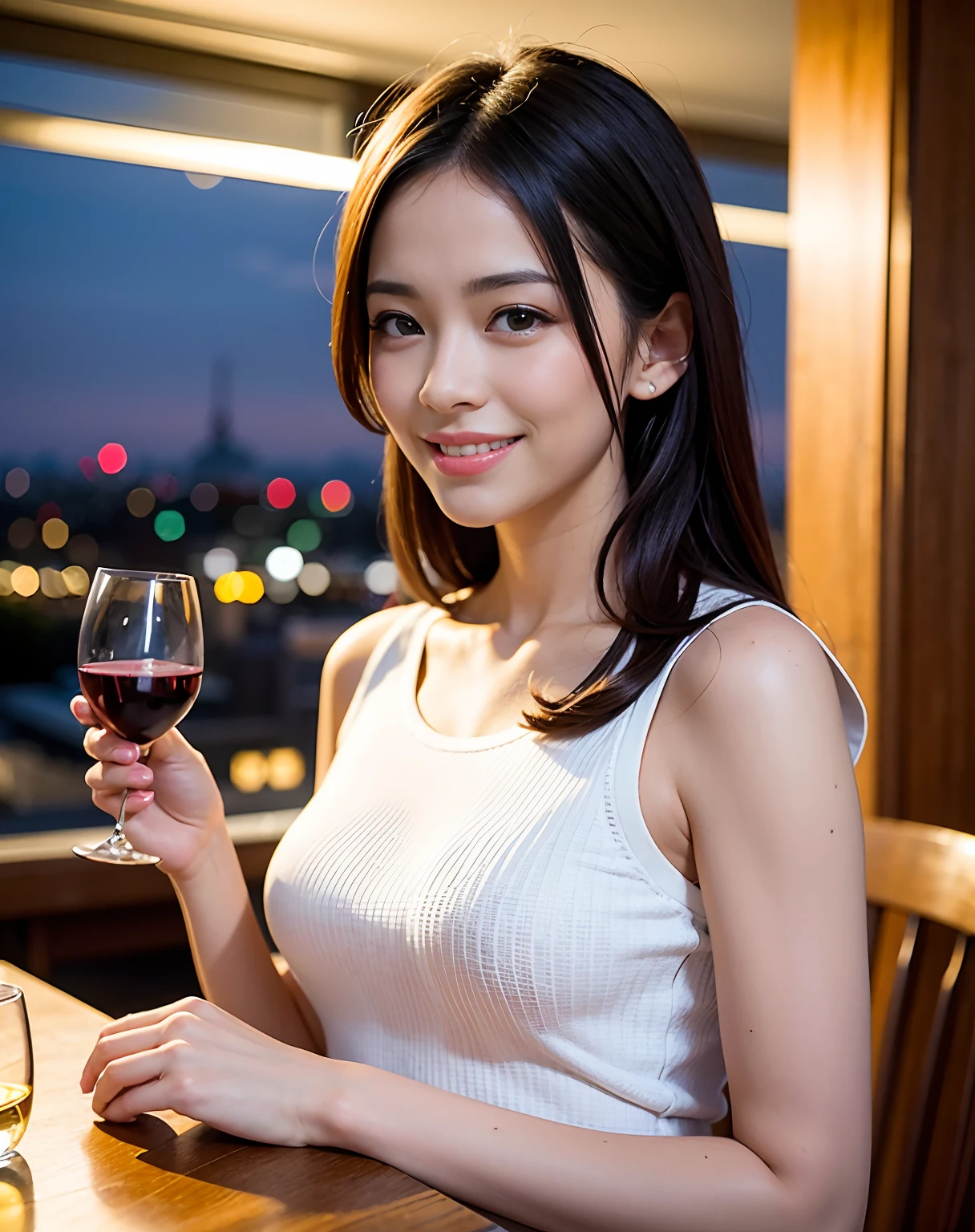 (64K, UHD, top quality, masterpiece: 1.2), (realistic, photorealistic: 1.37), super detailed, pretty woman 1 person, (slim face), (slim body), (brown hair), (short cut), cheeks slightly blushing, (44 years old), 38 years old, solo, beautiful detailed urban night view outside the window, restaurant, wine glasses sit, at night, in a prominent placeNovaFrogStyle, Actress, Model, Waist Up, White Wine, Slim, Wine Glass, Super Clean Night View, Wine Glass Put in the Middle, Happy Smile, (Smile: 1.15), Beautiful Fine Eyes, Upper Body, Bust Japan Up, Night, Short, Short, Actress, Model, Waist Up, White Wine, Slim, Wine Glass, Super Clean Night View, Wine Glass Put in the Middle, Happy Smile,