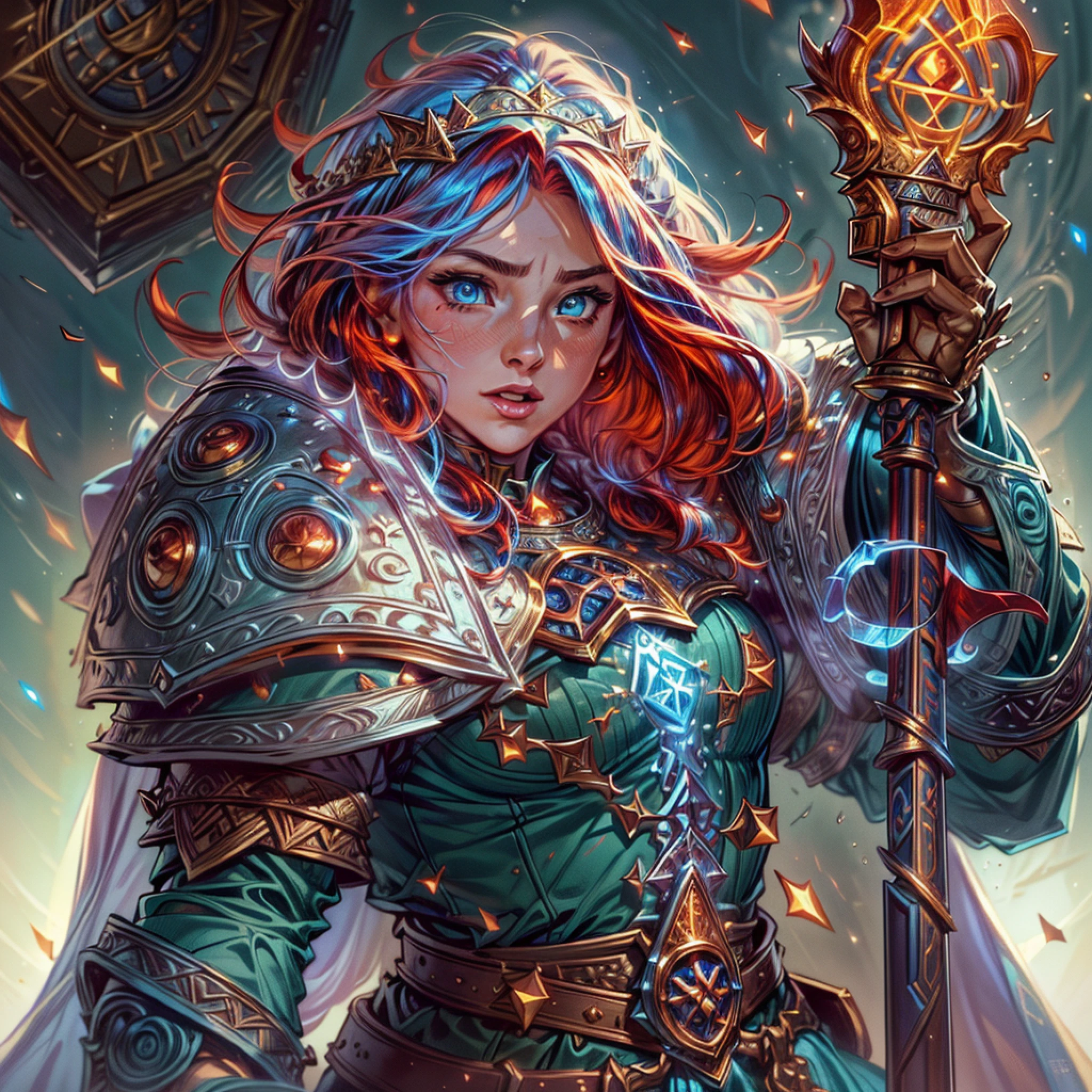 high details, best quality, 8k, [ultra detailed], masterpiece, best quality, (extremely detailed), dynamic angle, ultra wide shot, photorealistic, fantasy art, dnd art, rpg art, realistic art, an ultra wide picture of female dwarf cleric, holding axe with red fire on it , casting a spell, wearing heavy armor, white armor (best details, Masterpiece, best quality: 1.5), blue cloak (intricate details, Masterpiece, best quality), holy symbol,(best details, Masterpiece, best quality: 1.5), from symbol GlowingRunes_paleblue, beautiful female dwarf, ultra detailed face, ultra feminine, red hair, intense eyes, green eyes, D&D female dwarf (best details, Masterpiece, best quality: 1.5) fantasy temple background, celestial background, ((divine worship atmosphere)), high details, best quality, highres, ultra wide angle