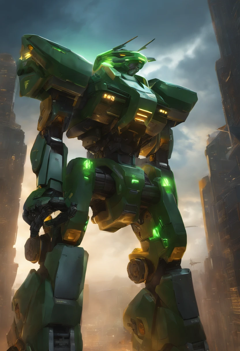 sky, cloud, holding_weapon, no_humans, glowing, , robot, building, glowing_eyes, mecha, science_fiction, city, realistic,mecha, green and gold accents