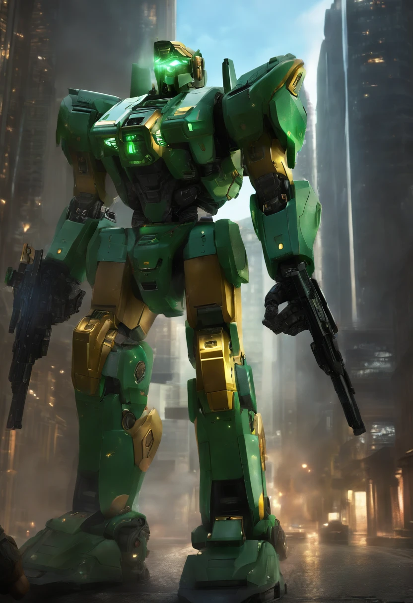 sky, cloud, holding_weapon, no_humans, glowing, , robot, building, glowing_eyes, mecha, science_fiction, city, realistic,mecha, green and gold accents