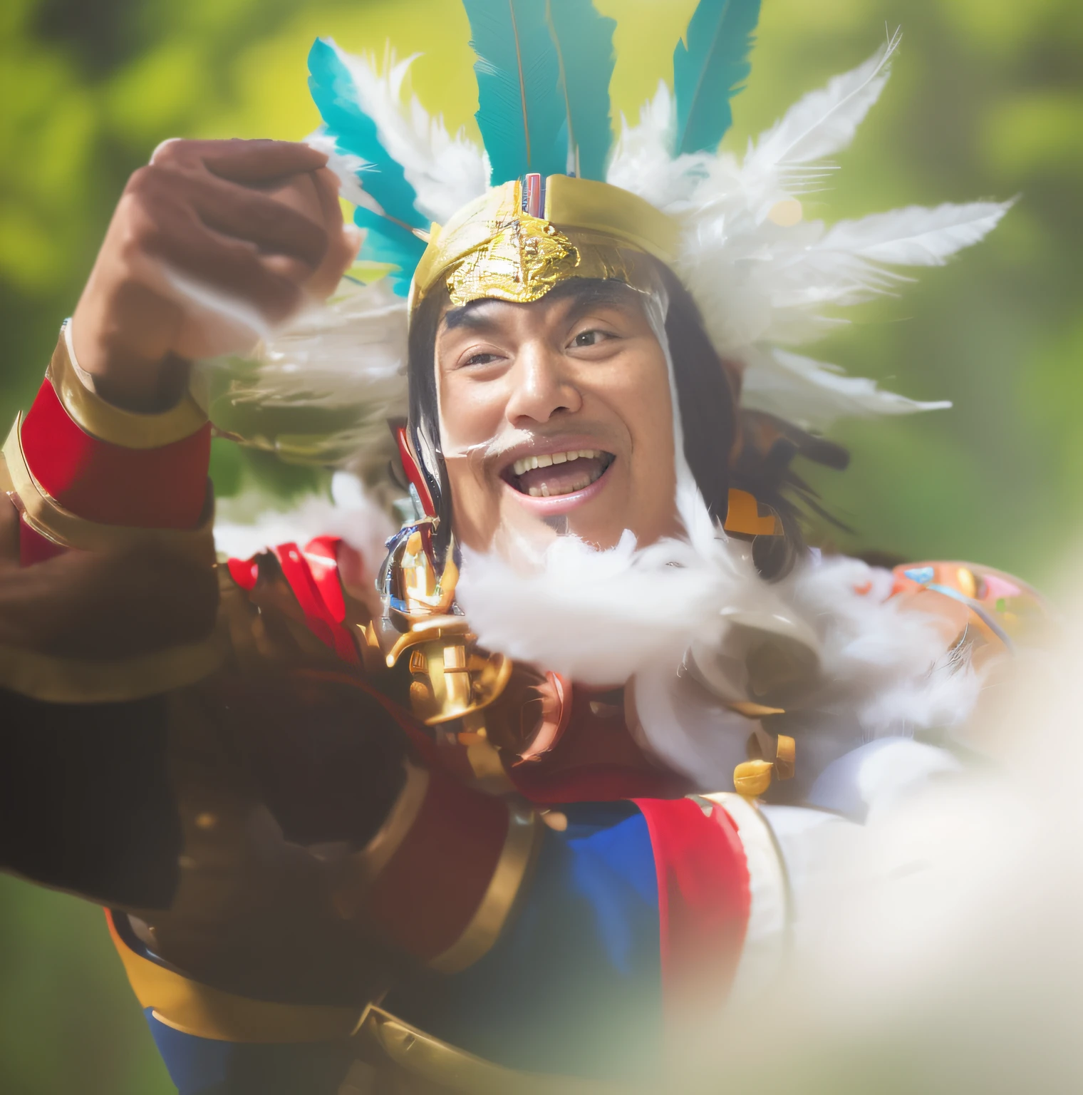 Laughing man with white feather headdress on head