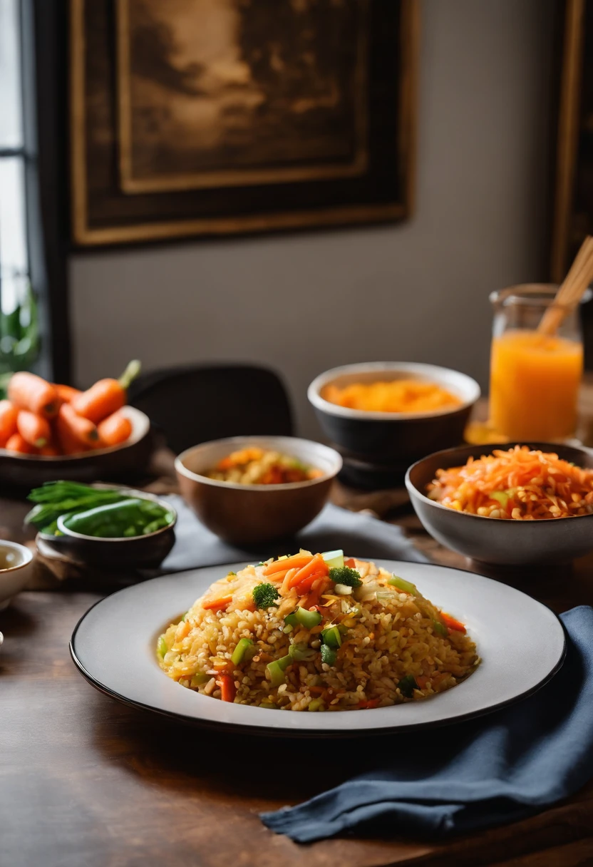 Assorted fried rice,Golden yellow,Wheat-colored lighting,Heads-up,chopsticks,White tray,A stack of carrot pickles,A bowl of clear soup