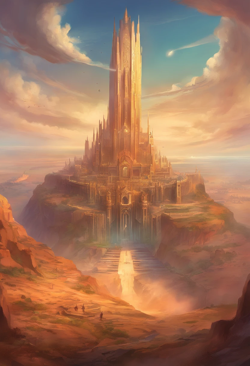 A big city divided into 5 sections, North, South, west, east, and middle section. Surrounded by a giant wall with one giant gate in the middle, seeing it up from a cliff ,in the desert