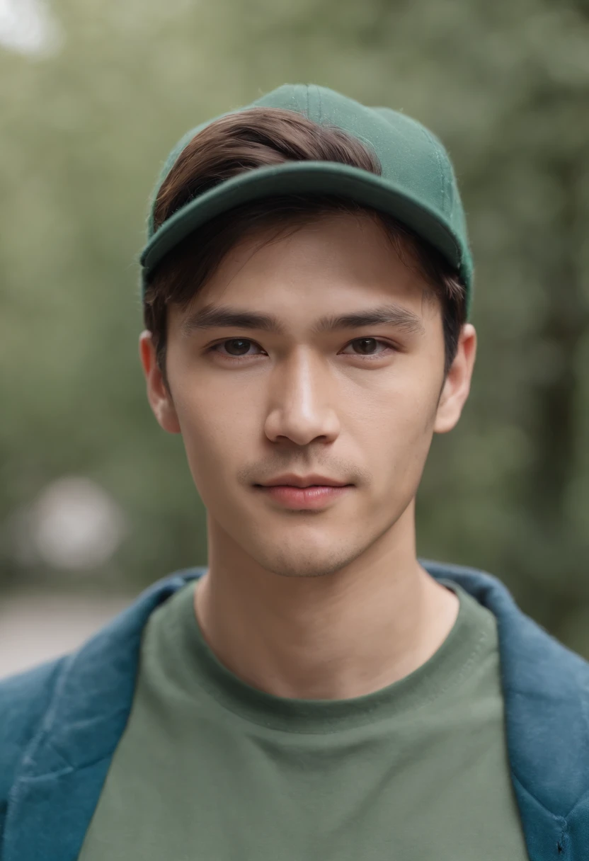 (((best quality, 8k))) mixed American Asian race, fair complexion, man around 27 years old, natural blond hair, messy medium length hair, distinctive green eyes, no moustache, no beard, wearing blue baseball cap, sharp jawline, handsome, wearing dark green jacket, ultra sharp focus, realistic shot, tetradic colors
