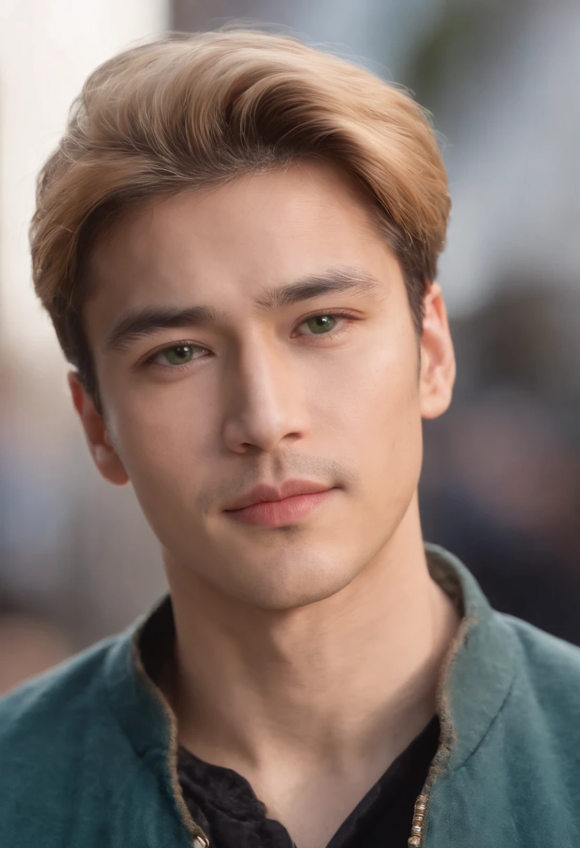 (((best quality, 8k))) mixed American Asian race, fair complexion, man around 27 years old, natural blond hair, messy medium length hair, distinctive green eyes, no moustache, no beard, wearing blue baseball cap, sharp jawline, handsome, wearing dark green jacket, ultra sharp focus, realistic shot, tetradic colors