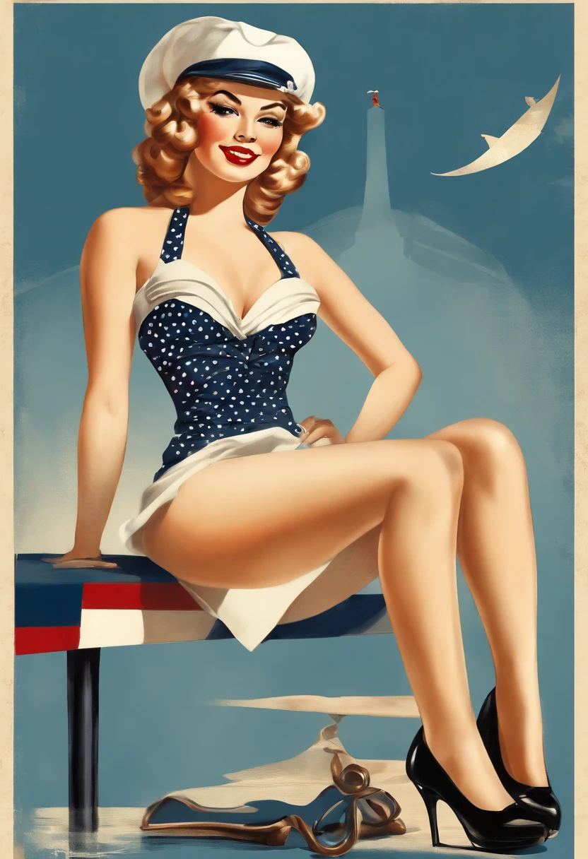 Retro vintage art print, poster of a sexy, glamorous pin-up girl wearing a sailors hat, bikini and polka dot stockings