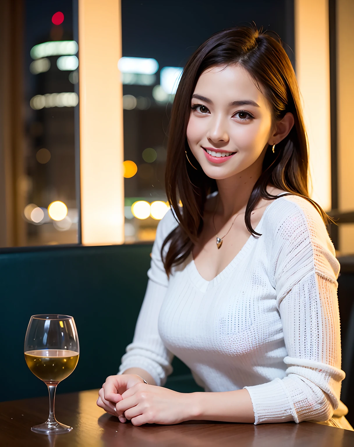 ((Highest quality、8k、masterpiece:1.3))、slimカップル、modelカップル、(Realistic, Intricate details:1.2), full-course dinner、Wine Party、Amazing view of the sunset sky and clouds、A bright smile、The wonderfulness of smile、Bright image、The beauty of wine, Beautiful Face, blue eyes, The light shines on your face, blush, short hair,Bright Face、42 years old), 39 years old, red wine 、Appetizers、Italian food、Wine bottle、Champagne、sparkling wine、Two beauties、Brown Hair、Shortcuts、Long sleeve shirt、dress、Beautiful woman 1, (slimな顔), (The body is slim), (Brown Hair), (Shortcuts), cheeks turn a little red,Attractive beauty、restaurant, In a prominent place (From the waist up) Nova Frog Style, actress, model, Upper Body, White wine, slim, wine glass, 中央に置かれたwine glass, smile, (smile: 1.15), Beautiful fine grain, Depth f/2,saturation, High Contrast, Strong light and shadow,Moist Body:1.5、3D texture、Delicate eyes、Brown Hair、The hair is very shiny、