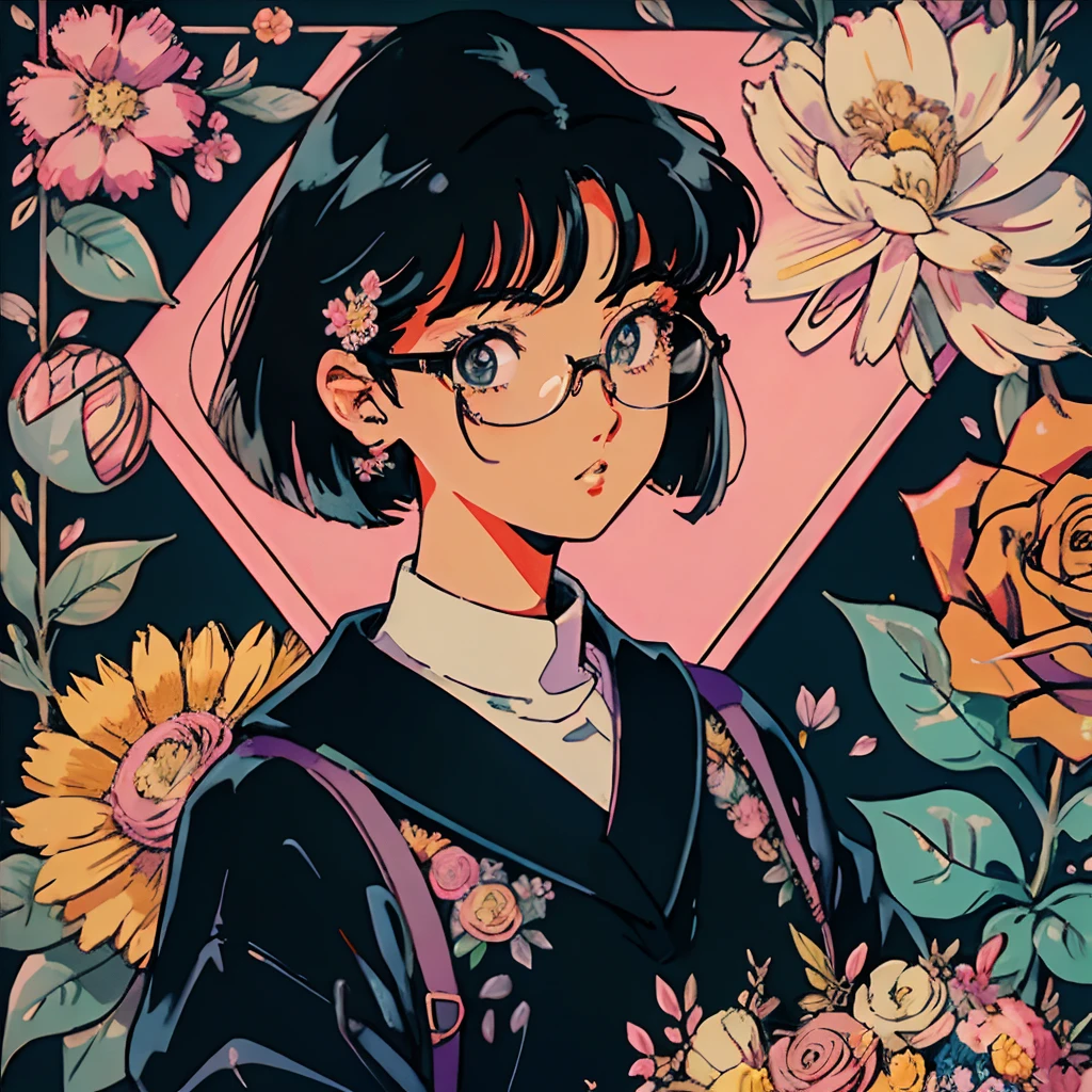 Mute pastel colors，Smooth photos，Retro soul, 1990s animation, 1980s animation, Retro soul，Retro anime style，Masterpiece, Best Quality, 1girll, 独奏, Black eyes, Long black hair，bob cuts，middle way hair, Large round frame glasses，black sweater，closed mouth，Simple background, Old School Animation, beautiful anime,(ultra-detailed background, detailed background), absurderes, high resolucion, The ultra-detailliert, extremely highly detailed, 1Girl, (bunch of flowers:1.3), (zentangle:1.2), (Geometric:1.2),(Colorpu