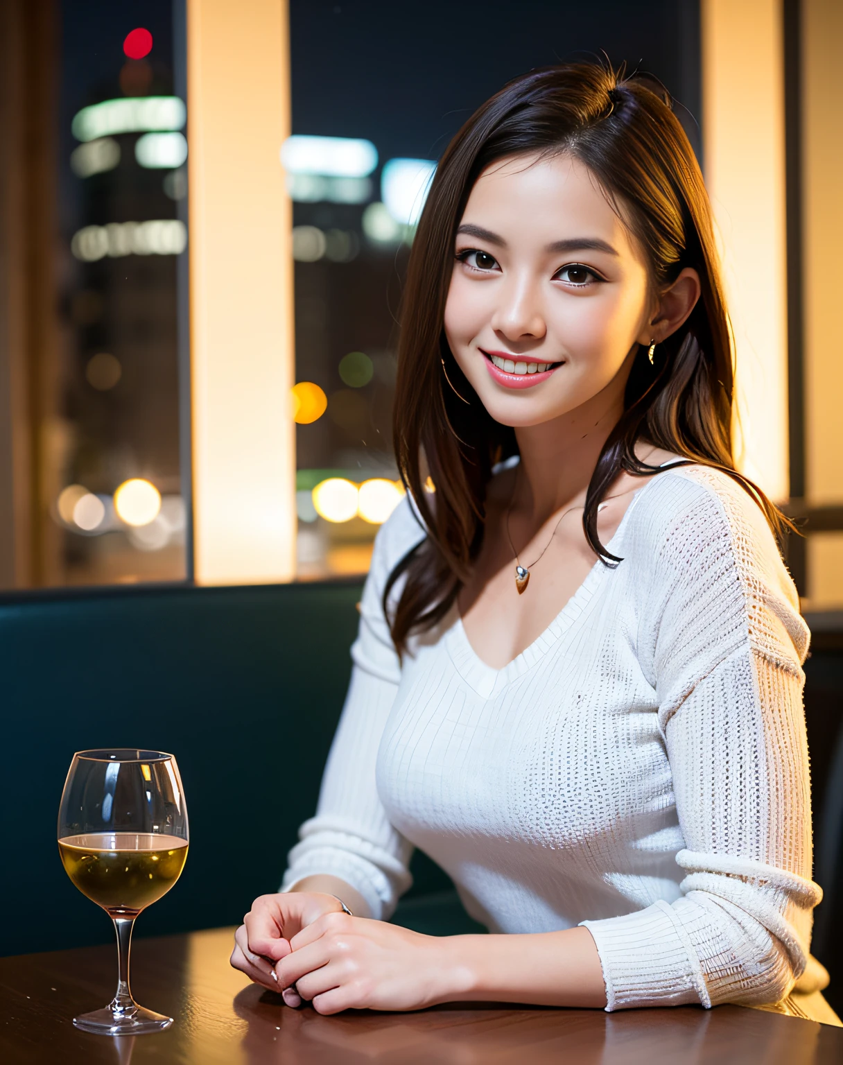 (64K, UHD, top quality, masterpiece: 1.2), (realistic, photorealistic: 1.37), super detailed, pretty woman 1 person, (slim face), (slim body), (brown hair), (short cut), cheeks slightly blushing, (44 years old), 38 years old, solo, beautiful detailed urban night view outside the window, restaurant, wine glasses sit, at night, in a prominent placeNovaFrogStyle, Actress, Model, Waist Up, White Wine, Slim, Wine Glass, Super Clean Night View, Wine Glass Put in the Middle, Happy Smile, (Smile: 1.15), Beautiful Fine Eyes, Upper Body, Bust Japan Up, Night, Short, Short, Actress, Model, Waist Up, White Wine, Slim, Wine Glass, Super Clean Night View, Wine Glass Put in the Middle, Happy Smile,