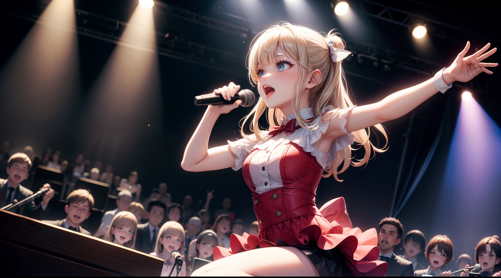 Blonde long hair high school girl、Red eyes、Stage Costumes、Jacket、Dance with excitement、microphone