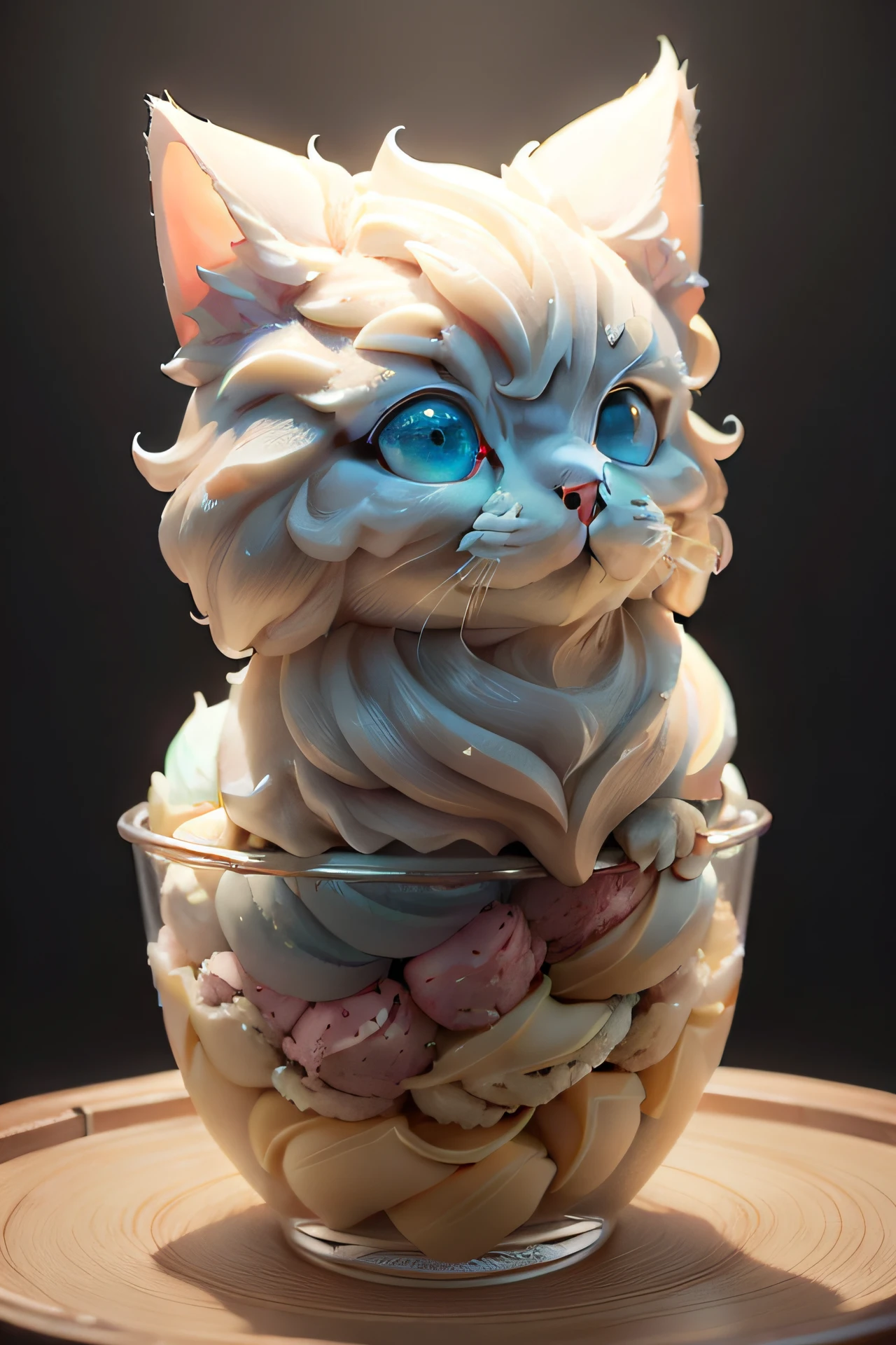 tmasterpiece，best qualityer，spotlight lights，Light effect，inverted image，icecream， Serve the ice cream in a glass，tray，spooning，Realistic and detailed images，Cat head pattern