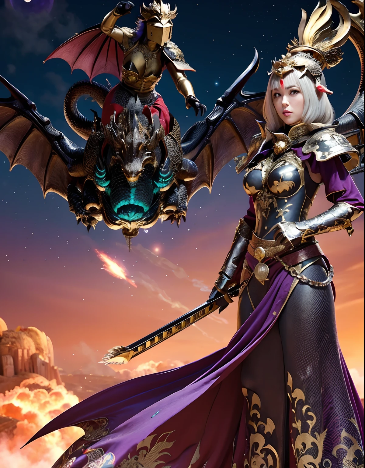 Professional , masterpiece、top-quality、photos realistic , depth of fields 、(Dragon Blue Metal Body:1.3),(Enamel purple、Night World、a moon、(cleavage of the breast)、Mystical expression、Dragon Gold Weapon、(Red Micro Bikini Armor:1.2),Gorgeous gold weapons ,Particles of light、(( Dragon's dense and gorgeous sword)) , (demonic wings)、((a blond))、(Castle background)、((Gangle's forest background))、((Fight dragons))、Beautiful Caucasian beauty、1a person、dynamic ungle,(((Detailed and ornate dragon helmet)))、Smaller head、A smile、Castle background、Thin and beautiful female hands、cleavage of the breast、Soldier in iron armor on background、Mystical expression、Light Effects、intense fighting、Wind-effect、magic circles、With the legendary magic wand、Dragon's tail、explosions、Anatomically correct body、