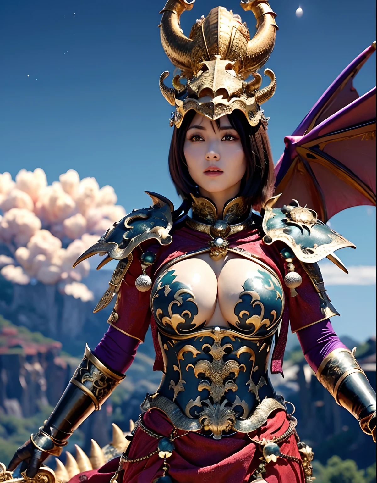 Professional , ​masterpiece、top-quality、photos realistic , depth of fields 、（Dragon Blue Metal Body:1.3),(Enamel purple、Night World、a moon、（cleavage of the breast）、Mystical expression、Dragon Gold Weapon、（Red Micro Bikini Armor:1.2),Gorgeous gold weapons ,Particles of light、（（ Dragon's dense and gorgeous sword）） , （demonic wings）、（（a blond））、（Castle background）、（（Gangle's forest background））、（（Fight dragons））、Beautiful Caucasian beauty、１a person、dynamic ungle,(((Detailed and ornate dragon helmet)))、Smaller head、A smile、Castle background、Thin and beautiful female hands、cleavage of the breast、Soldier in iron armor on background、Mystical expression、Light Effects、intense fighting、Wind-effect、magic circles、With the legendary magic wand、Dragon's tail、explosions、Anatomically correct body、
