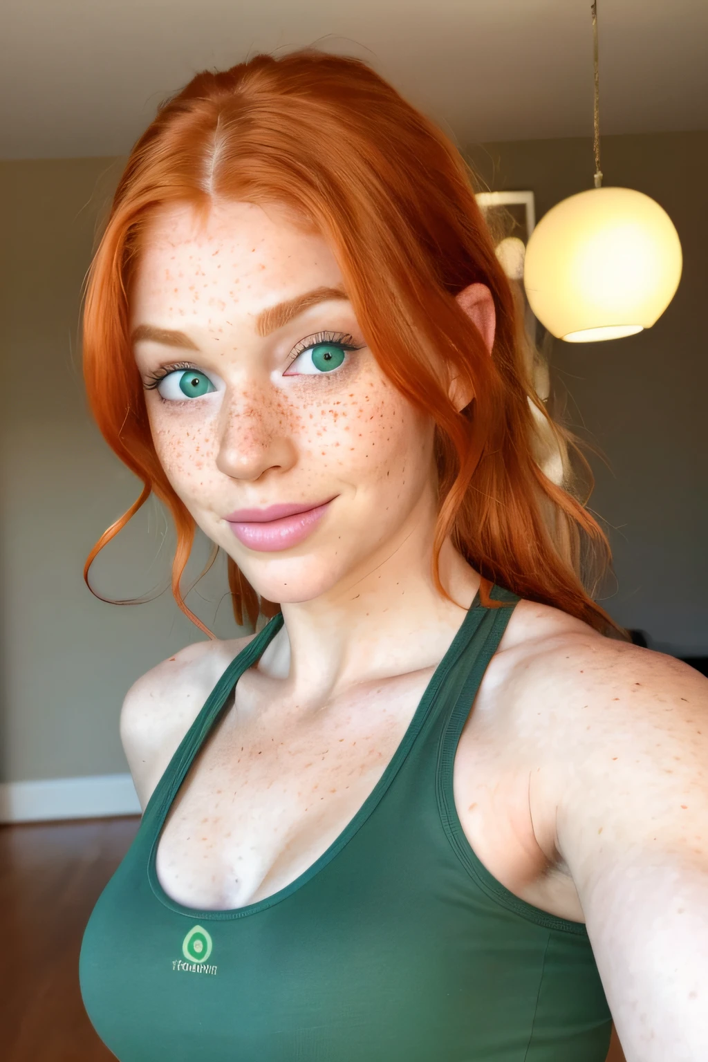 ultra realistic image, a ginger  woman, cute face, green eyes, with a little freckles, doing yoga, a top, focus on his groint.