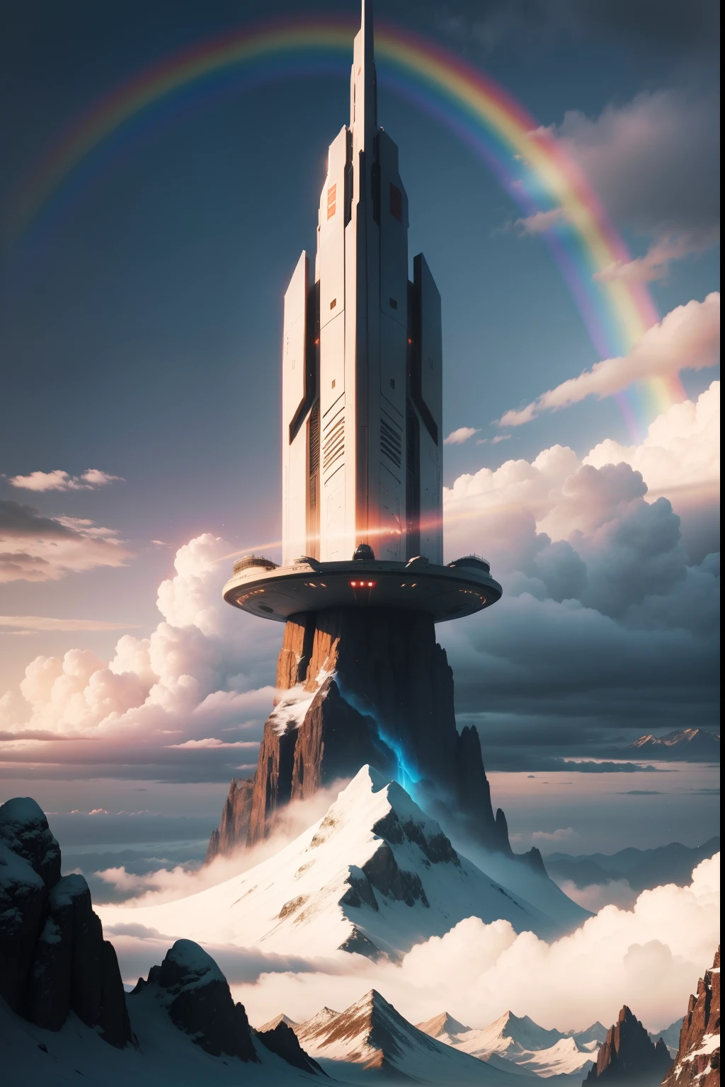 A rainbow hangs over a majestic mountain range There is a futuristic spaceship in the sky、Aliens are coming down