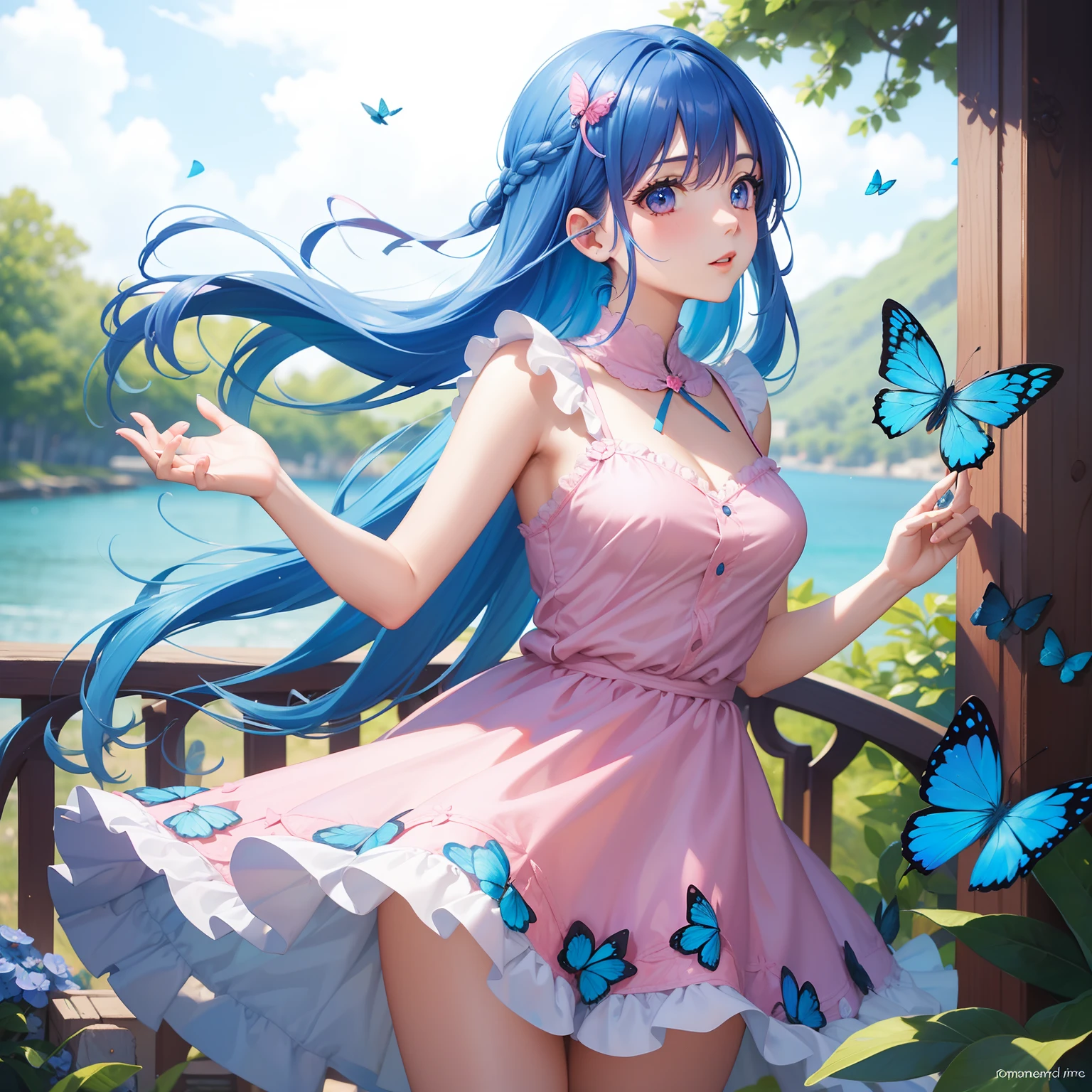 a women, blue butterfly, blue hair, pink eyes, pink dress
