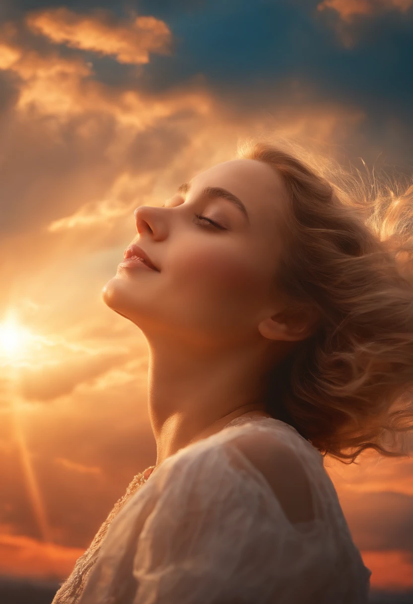 masterpiece, best quality, movie still, 1girl, cloud girl, floating in the sky, close-up, bright, happy, warm soft lighting, sunset, (sparks:0.7)