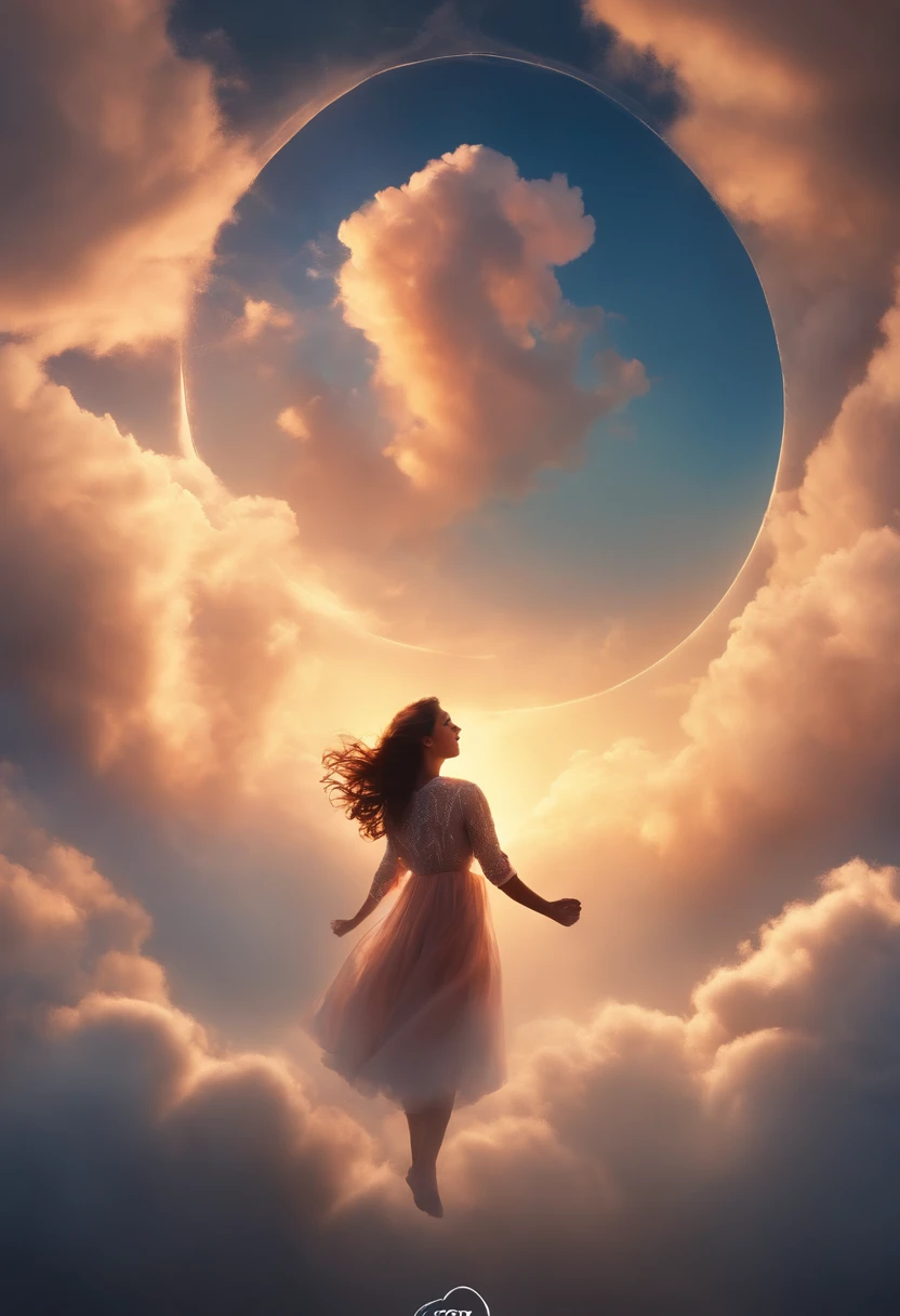 masterpiece, best quality, movie still, 1girl, cloud girl, floating in the sky, close-up, bright, happy, warm soft lighting, sunset, (sparks:0.7)
