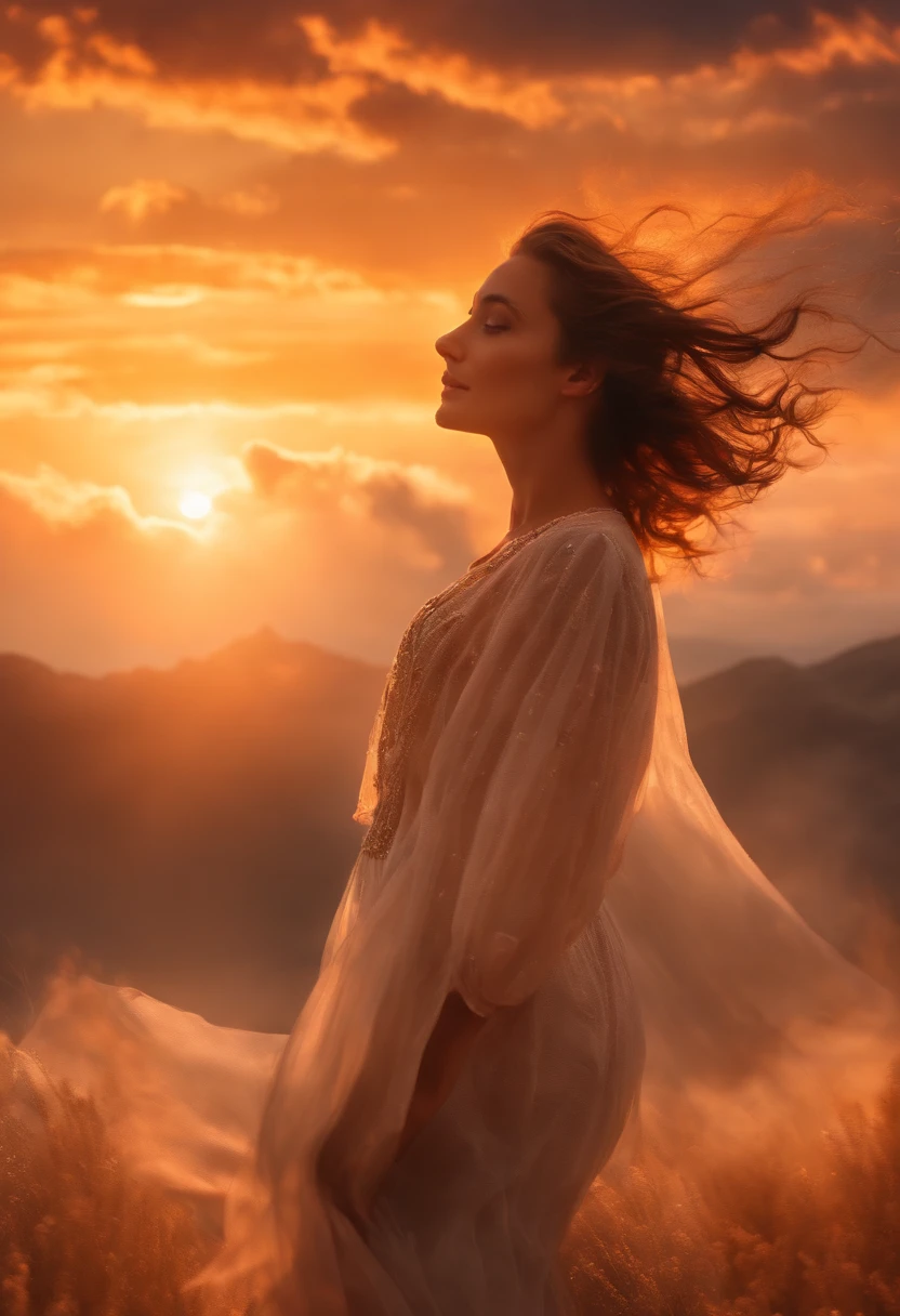 masterpiece, best quality, movie still, 1girl, cloud girl, floating in the sky, close-up, bright, happy, warm soft lighting, sunset, (sparks:0.7)