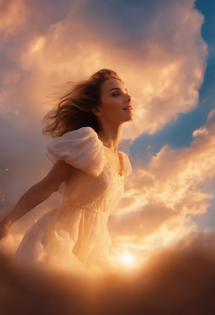 masterpiece, best quality, movie still, 1girl, cloud girl, floating in the sky, close-up, bright, happy, warm soft lighting, sunset, (sparks:0.7)