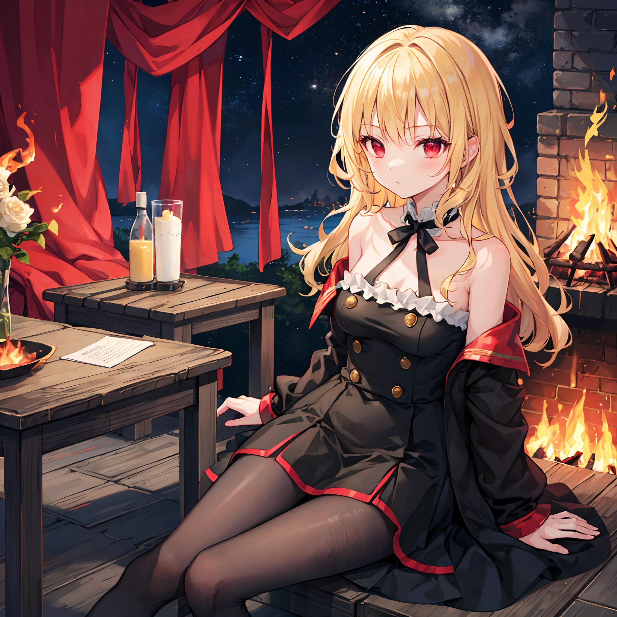 Wavy blonde、red eyes、Beautiful girl alone、Black fluffy dress、off shoulders、a miniskirt、Black tights、sitting on、Surrounded by flames、Fire from the hands