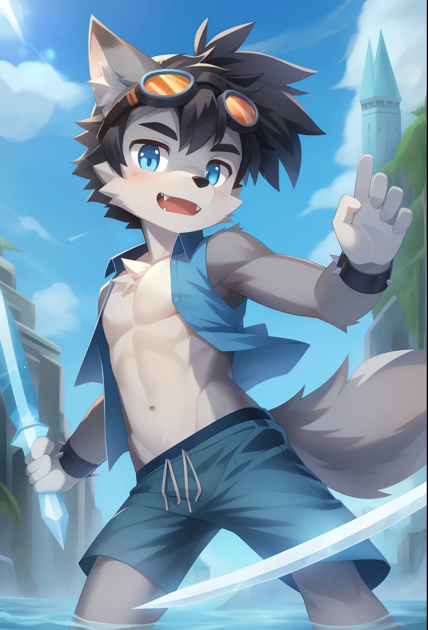 Furry shota, Young, wolf, black hair, long spiky ponytail, blue eyes, detailed body fur, blue hawaiian shirt, open clothes, black swim trunks, goggles, masterpiece, looking at you, fangs, clear grey body fur, detailed face, big eyebrows, detailed eyes, detailed body, no muscle, detailed hands, flat body, glistering body, skinny, full body, ice castle, clear sky, holding a frost ice sword, sword stance,