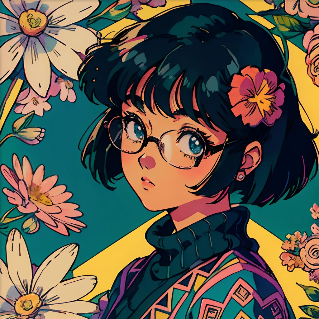 Mute pastel colors,Smooth photos,Retro soul, 1990s animation, 1980s animation, Retro soul,Retro anime style,Masterpiece, Best Quality, 1girll, 独奏, Black eyes, Long black hair,bob cuts,middle way hair, Large round frame glasses,black sweater,closed mouth,Simple background, Old School Animation, beautiful anime,(ultra-detailed background, detailed background), absurderes, high resolucion, The ultra-detailliert, extremely highly detailed, 1Girl, (bunch of flowers:1.3), (zentangle:1.2), (Geometric:1.2),(Colorpu