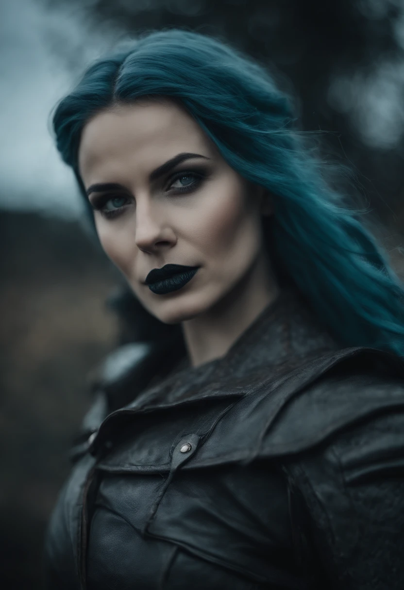 slavic fantasy female adventurer, thirty years old, storm blue hair, deep teal eyes, (black lipstick), porcelain white skin, wearing simple (dark grey leather clothes)