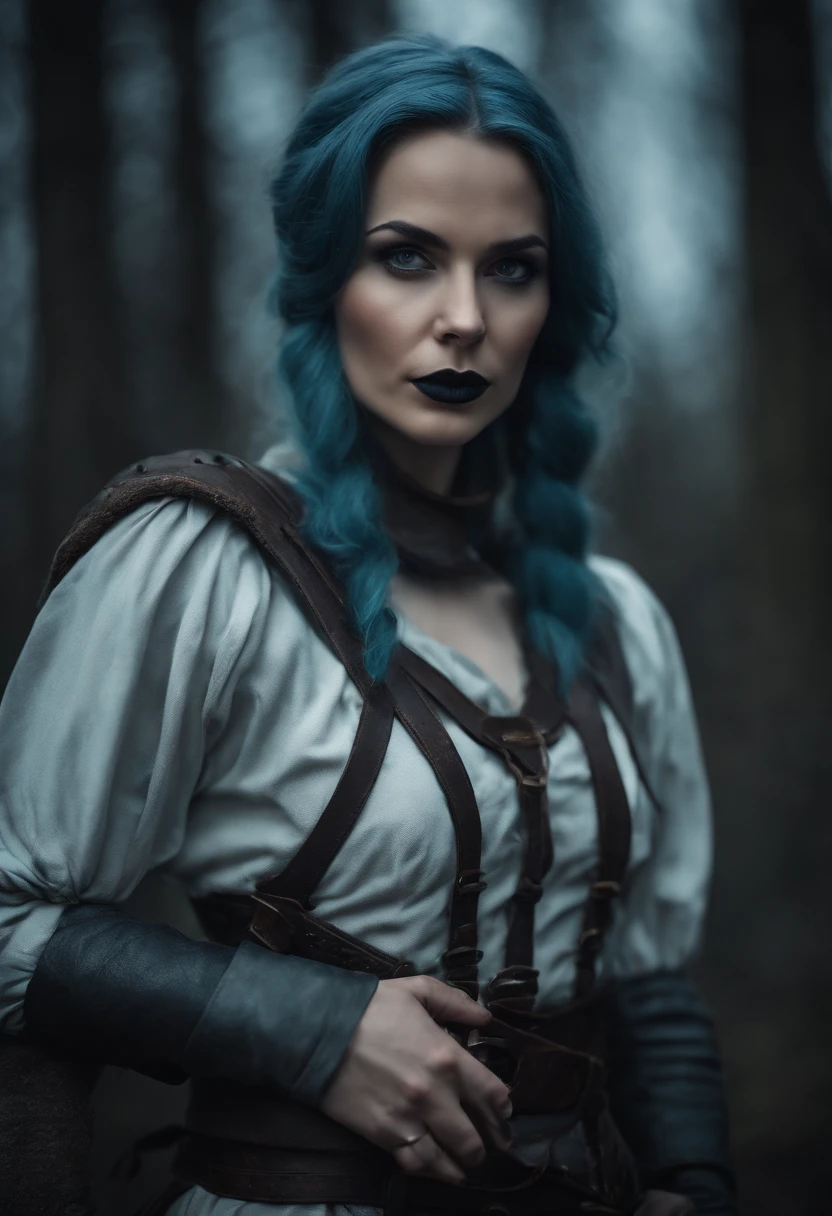 slavic fantasy female adventurer, thirty years old, storm blue hair, deep teal eyes, (black lipstick), porcelain white skin, wearing simple (dark grey leather clothes)