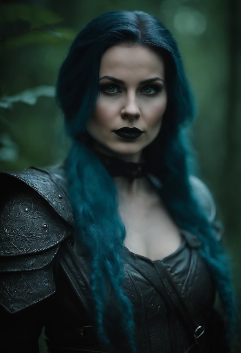 slavic fantasy female adventurer, thirty years old, storm blue hair, deep teal eyes, (black lipstick), porcelain white skin, wearing simple (dark grey leather clothes)