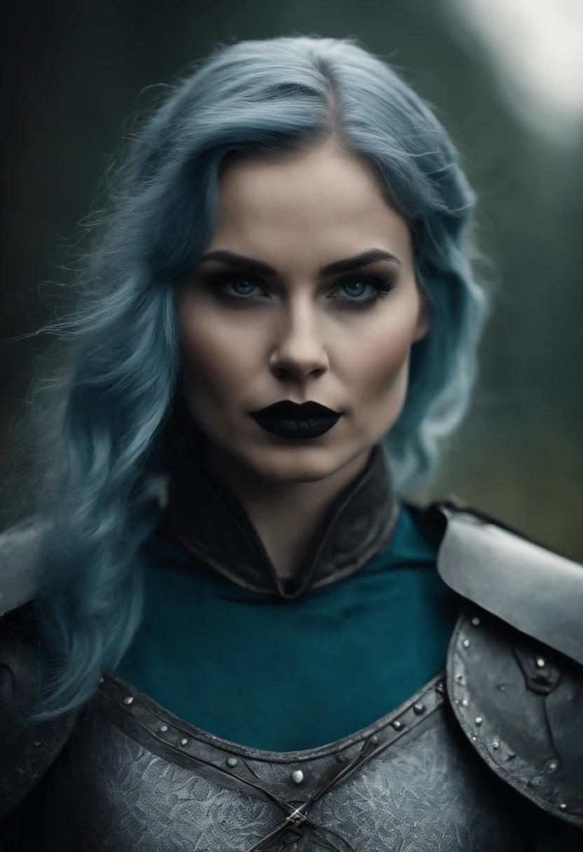 slavic fantasy female adventurer, thirty years old, storm blue hair, deep teal eyes, (black lipstick), porcelain white skin, wearing simple  (dark grey leather clothes)