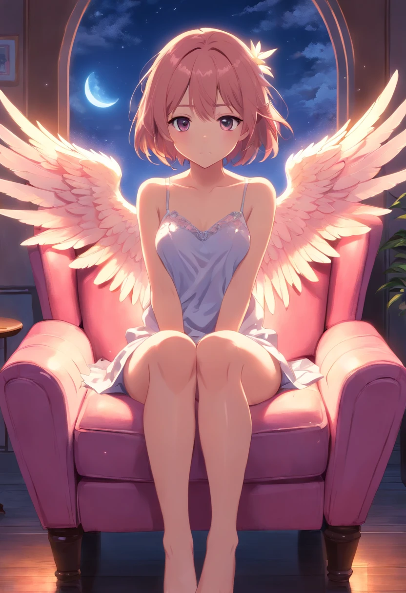 Angel girl about 20 years old, fullnude, Sitting in an armchair with legs spread, Its wings are pink, enchanted look, In the moonlight