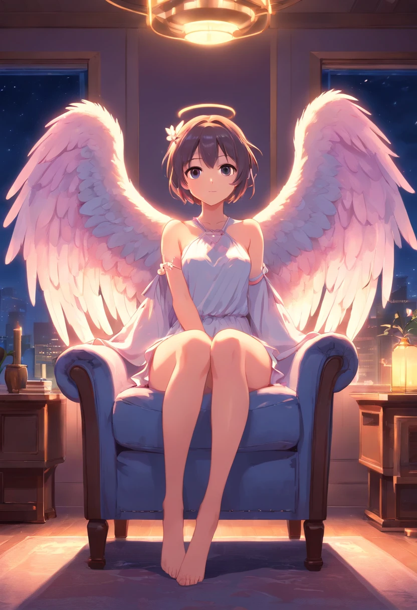 Angel girl about 20 years old, fullnude, Sitting in an armchair with legs spread, Its wings are pink, enchanted look, In the moonlight