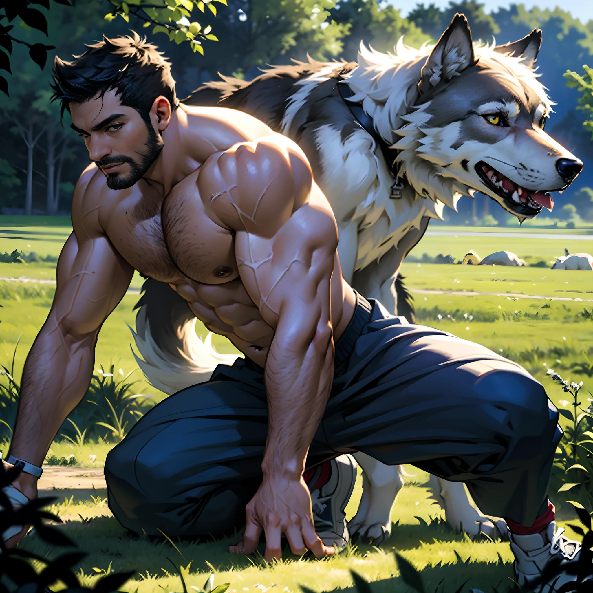30 years old, Male, Fully naked, stubbles, Huge muscles, Mature man, Muscle swelling, Bodybuilding, chest muscles, Abs, Natural light, Wheat-colored skin, 1人, Wolverine, Naked, werecreature, Predators and prey, Hunting, Run through empty fields, Side view, Wolves as pets, Men have wolf ears, Displays a side view of the whole body, The wolf cub is following the man, wide - angle shot, Best quality, Highly detailed, Chase sheep, Frightened sheep