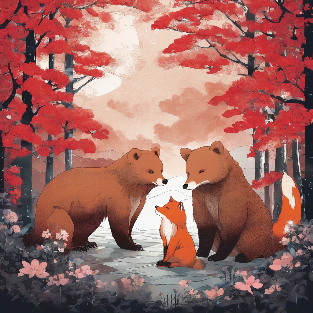 One Bear、One fox
bears are large and fluffy fur,、
The fox was small and beautiful with red fur、
looking each other、Nervousness
RT Down. 66 Before the Great Storm, nostalgic, Annual Lighting Display, voluminetric lighting, in woods