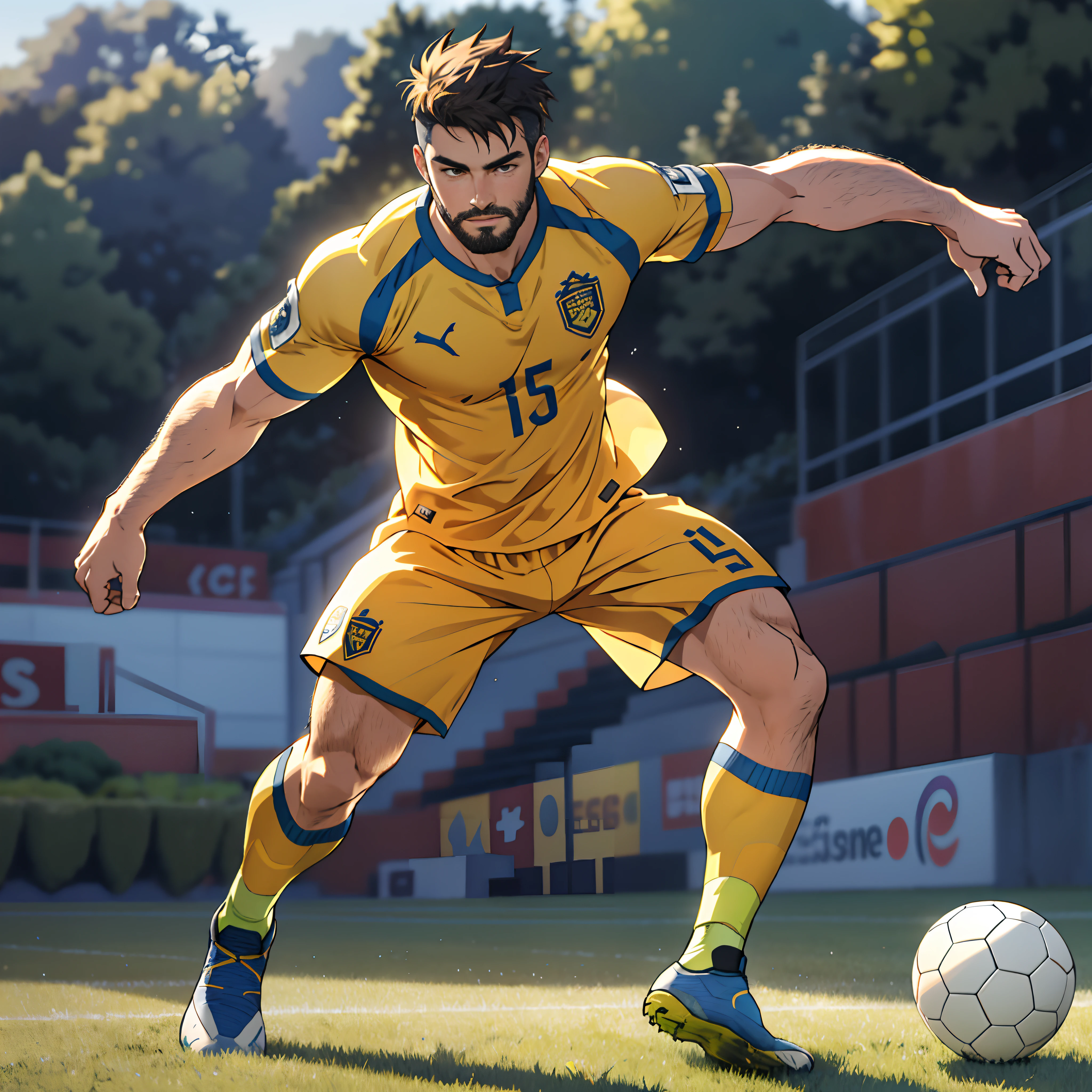 best quality, masterpiece, super high resolution, detailed background, realism, Illustrations, single, 1 boy, soccer field, muscles, volumetric lighting, depth of field, full body, facial hair, soccer player, yellow clothes