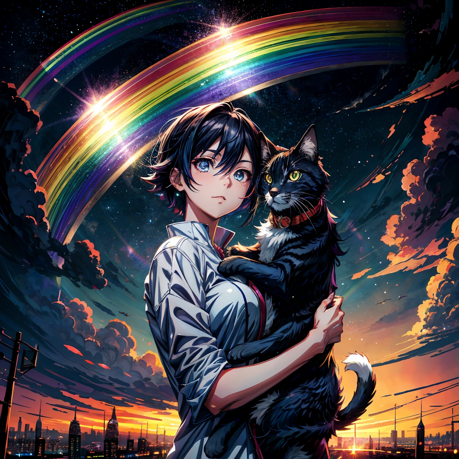 ((Rainbow Daytime Sky))、Anime girl cuddling a cat,Near Future City、 makoto shinkai cyril rolando, anime art wallpaper 4k, anime art wallpaper 4k, Anime art wallpaper 8k, inspired by Cyril Rolando, in the style dan mumford artwork, amazing wallpapers, by Yuumei, ((odd eye))