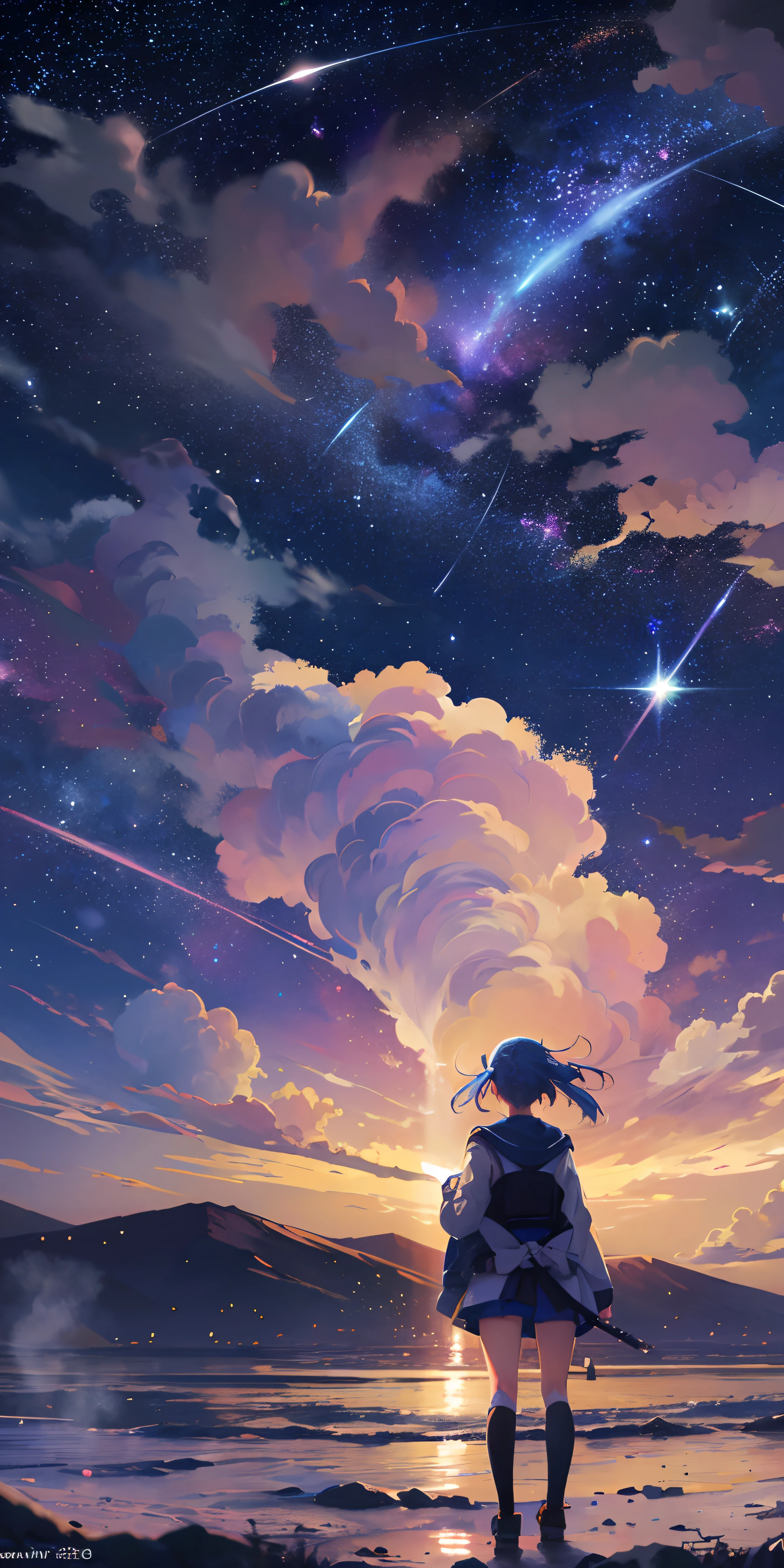 an anime girl looking at the anime starry night scene, from behind, shooting stars, 4k anime wallpaper --9:16-- --auto --s2