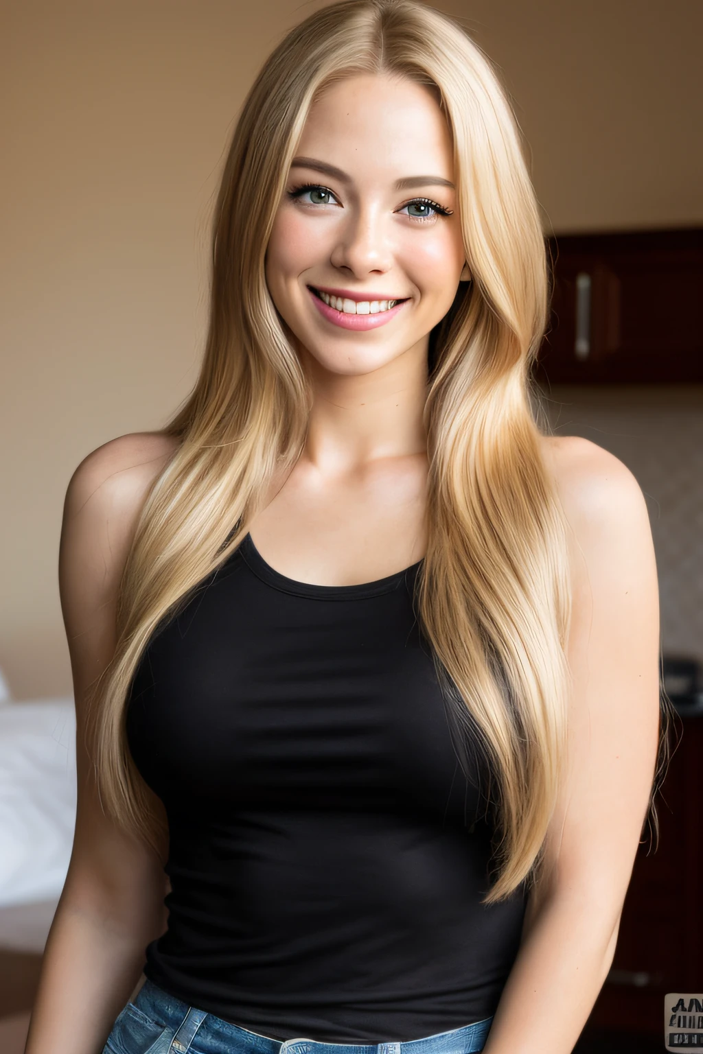 best quality, masterpiece, photo realistic, 8k, 4k, extreme res, ultra high res, dynamic lighting, real lighting, sophiadiamond, looking_at_viewer, smile, very happy, long blonde hair, smiling, black t-shirt