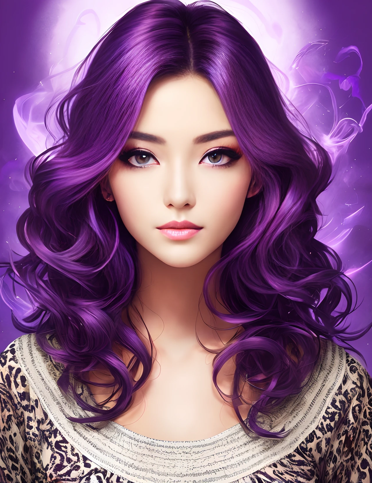 Semi-long wavy hair, cat eyes, popular woman, purple background, spiritual air.