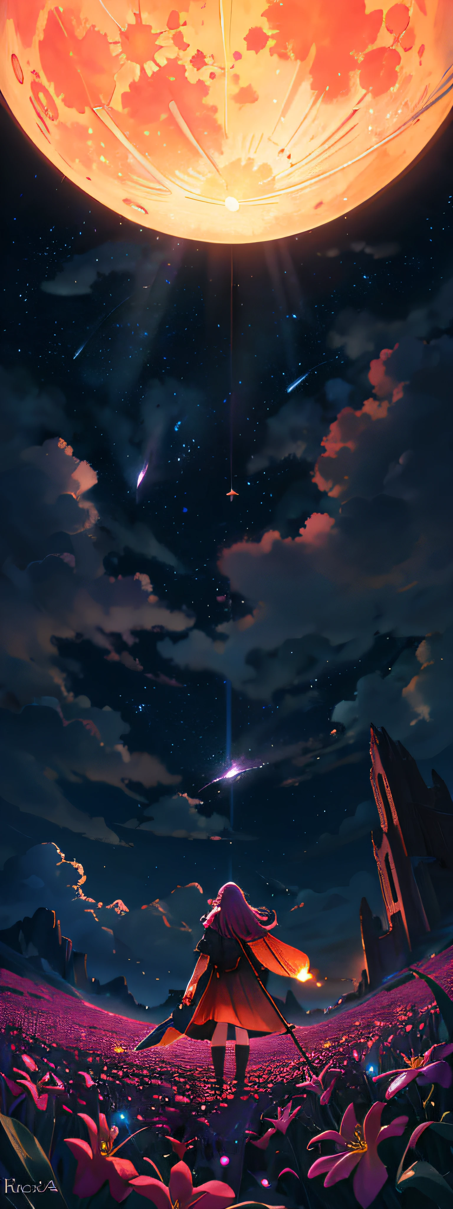 expansive landscape photograph , (a view from below that shows sky above and open field below), a girl standing on flower field looking up, (full moon:1.2), ( shooting stars:0.9), (nebula:1.3), distant mountain, tree BREAK
production art, (warm light source:1.2), (Firefly:1.2), lamp, lot of purple and orange, intricate details, volumetric lighting, realism BREAK
(masterpiece:1.2), (best quality), 4k, ultra-detailed, (dynamic composition:1.4), highly detailed, colorful details,( iridescent colors:1.2), (glowing lighting, atmospheric lighting), dreamy, magical, (solo:1.2)