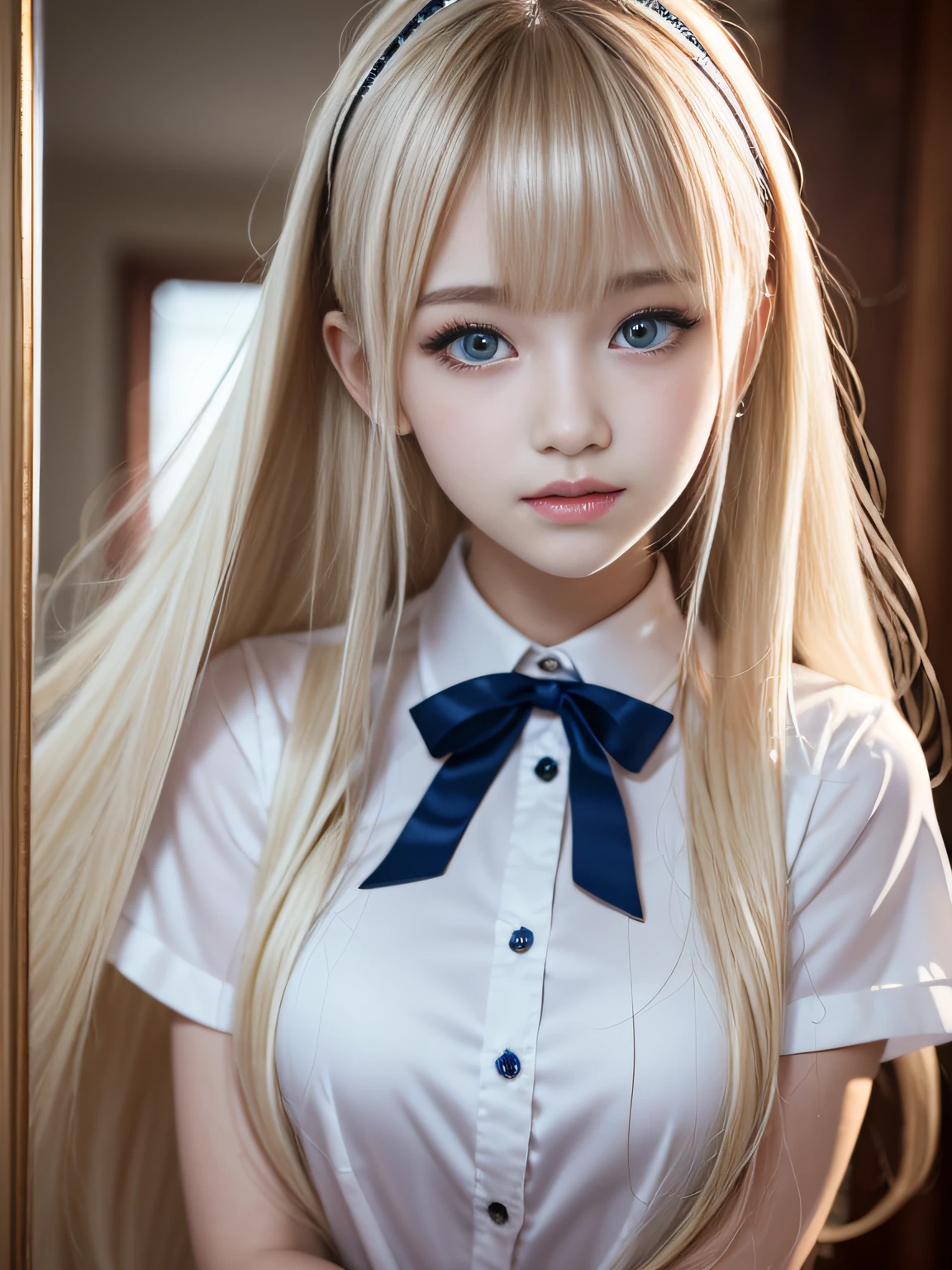 portlate、School Uniforms、bright expression、Young shiny shiny white shiny skin、Best Looks、Blonde reflected light、Platinum blonde hair with dazzling highlights、shiny light hair,、Super long silky straight hair、Beautiful bangs that shine、Glowing crystal clear attractive big blue eyes、Very beautiful nice cute  girl、Lush bust、