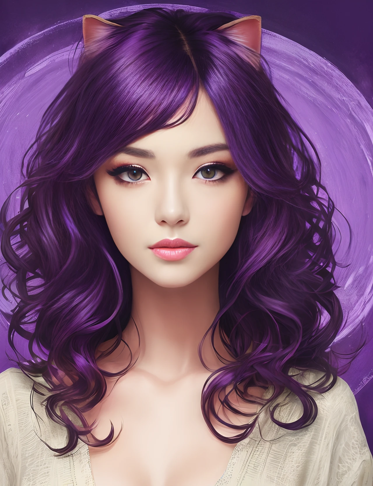 Semi-long wavy hair, cat eyes, popular woman, purple background, spiritual air.