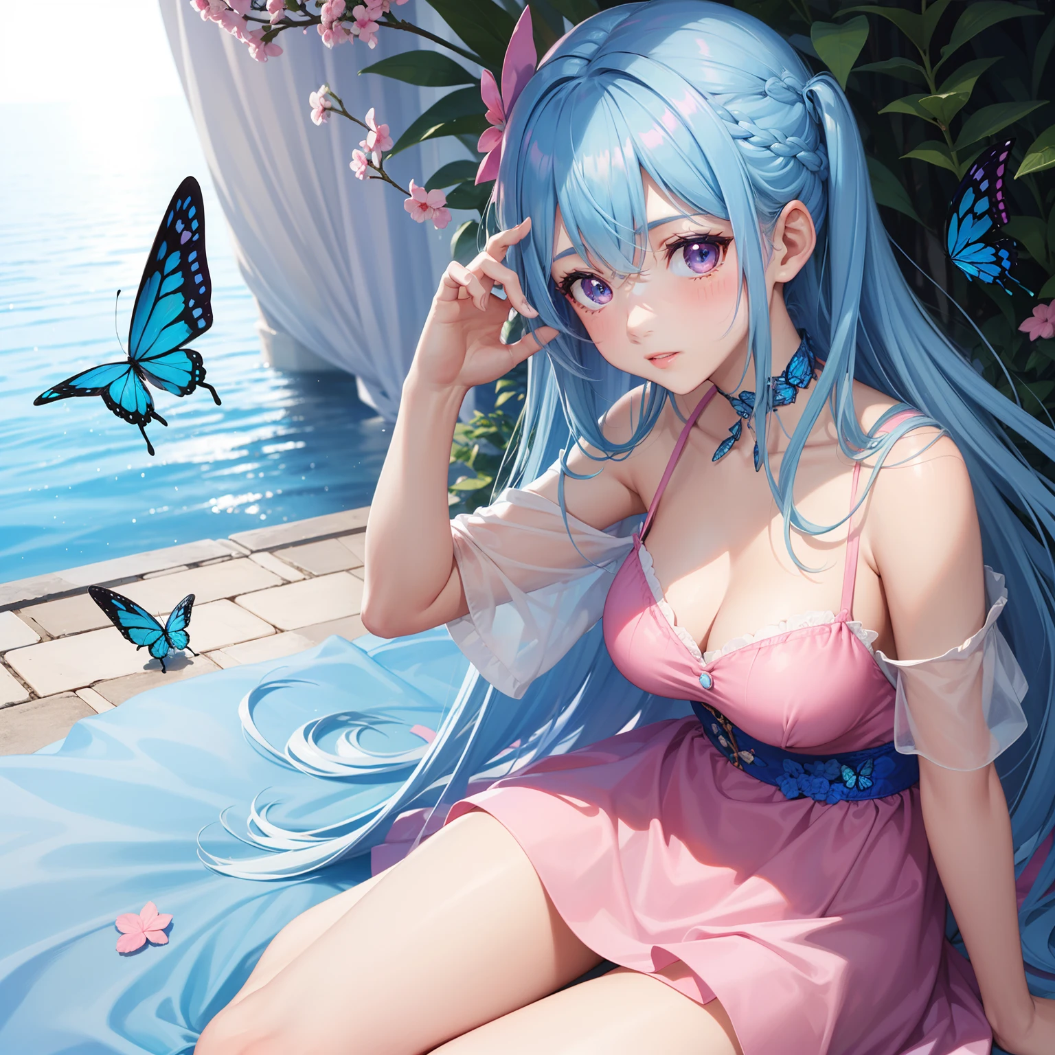a women, blue butterfly, blue hair, pink eyes, pink dress