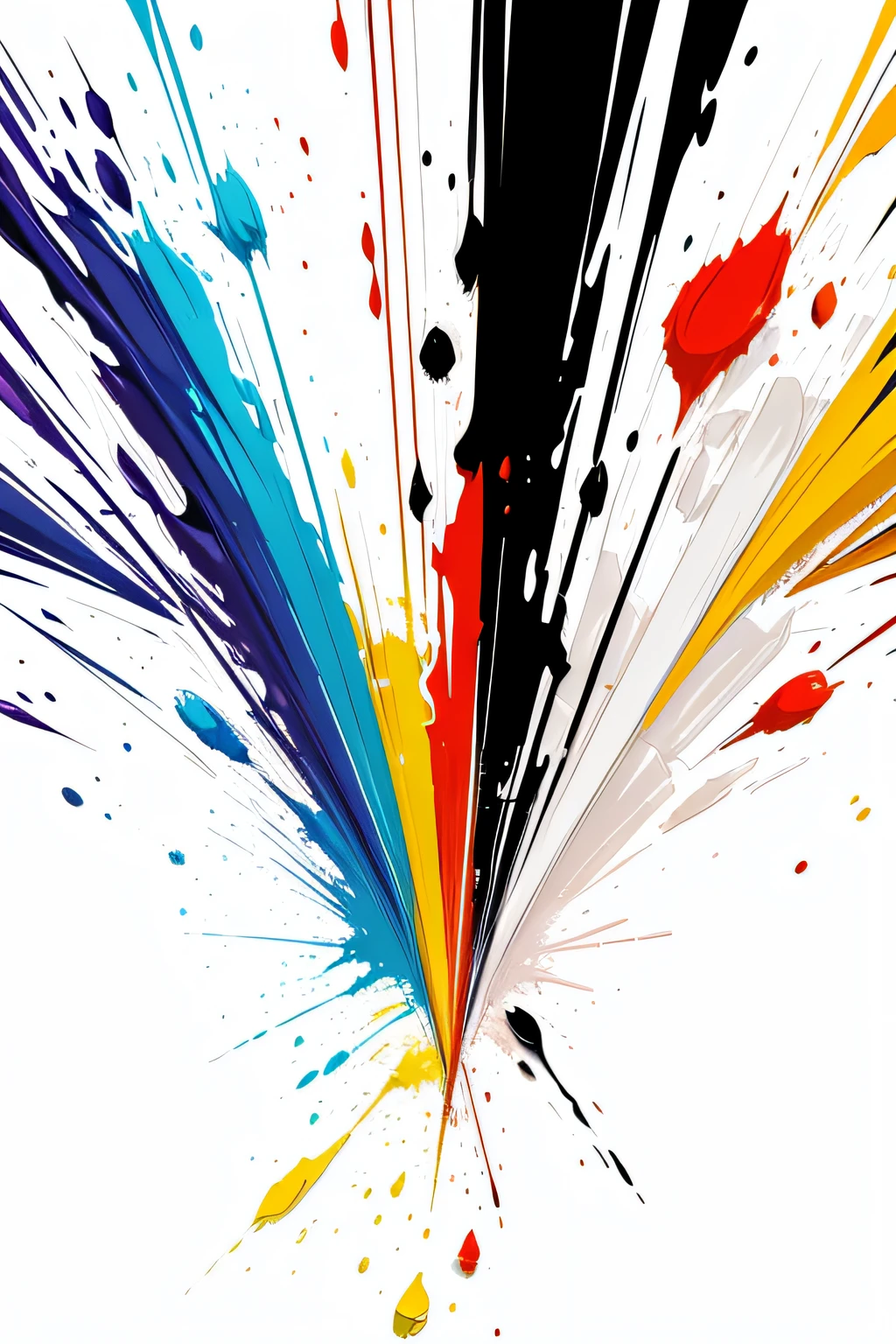 a colorful splash of paint on a white background. The paint is splattered in a variety of shapes and sizes, creating a chaotic and energetic effect. The colors are bright and vibrant, and they seem to dance off the white background.