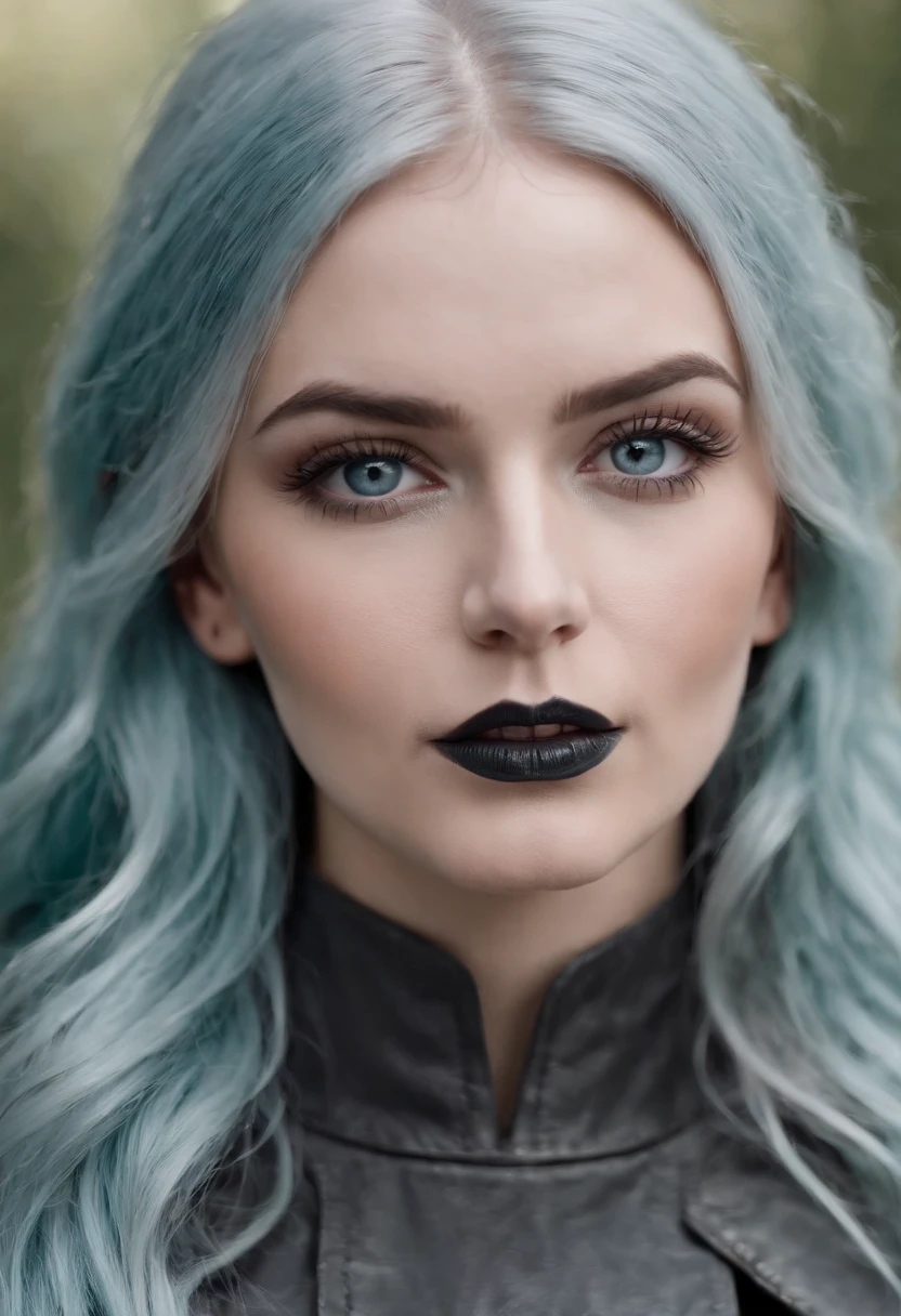 slavic fantasy female adventurer, thirty years old, storm blue hair, deep teal eyes, (black lipstick), porcelain white skin, wearing simple (dark grey leather clothes)