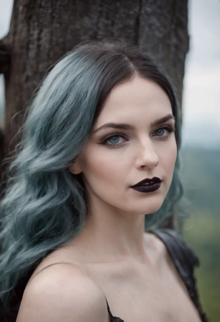 slavic fantasy female adventurer, thirty years old, storm blue hair, deep teal eyes, (black lipstick), porcelain white skin, wearing simple  (dark grey leather clothes)