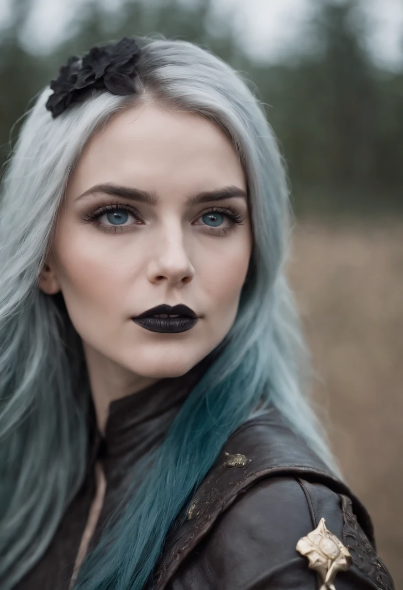 slavic fantasy female adventurer, thirty years old, storm blue hair, deep teal eyes, (black lipstick), porcelain white skin, wearing simple (dark grey leather clothes)
