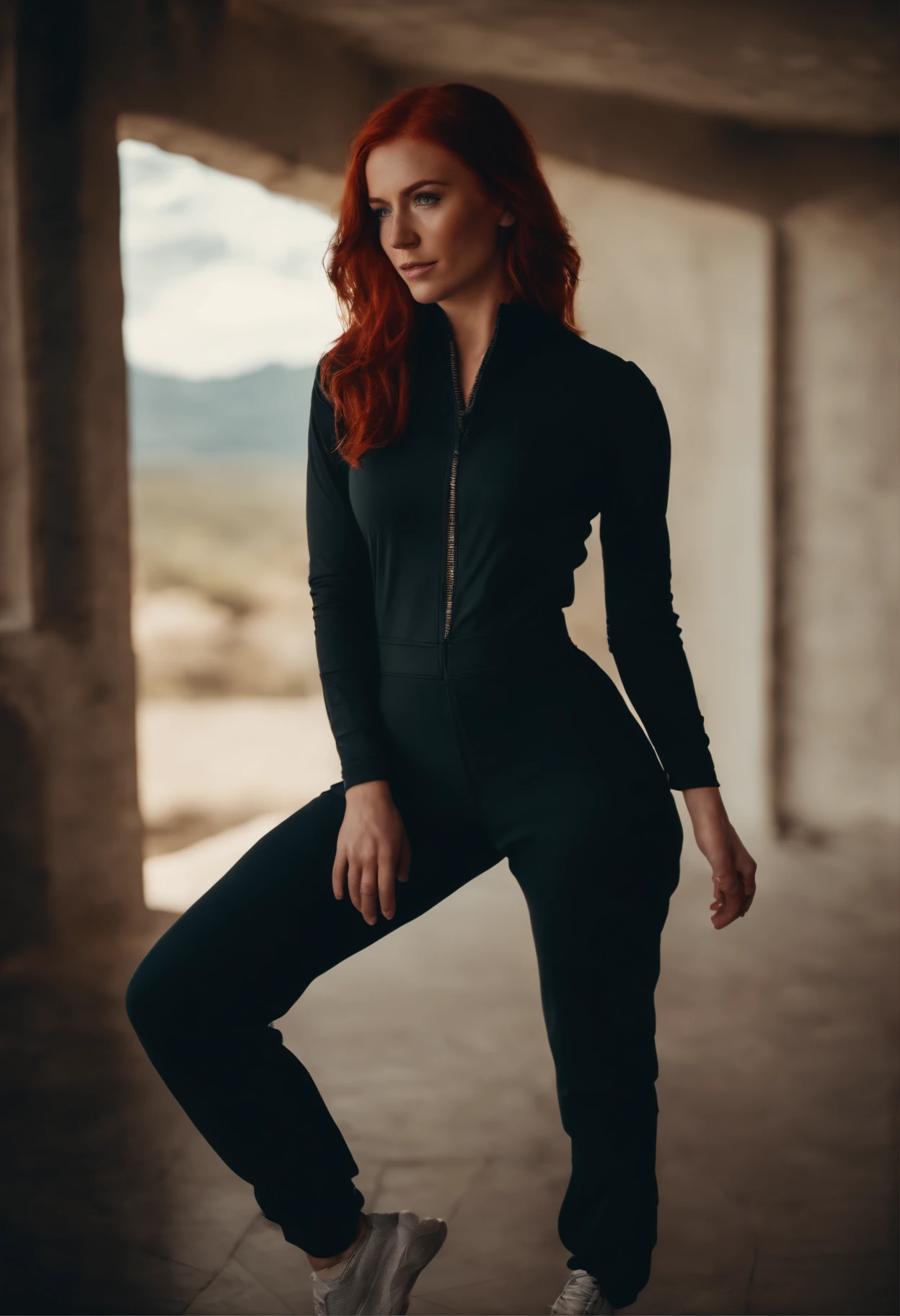 1 Girl Red Hair Jumpsuit, full entire body